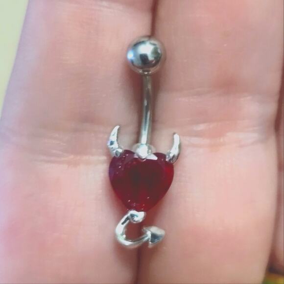 The Closet Fairy Jewelry - Red heart with devil horns and tail silver tone belly button navel piercing